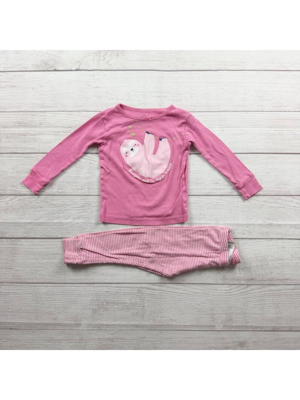 Carter's 2 Piece Pink Sloth Pajama Set Long Sleeve Top Striped Pants 2T